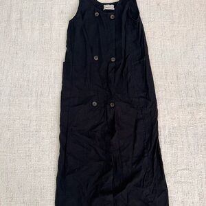 Black Linen Blend Button-Down Dress with Pockets
